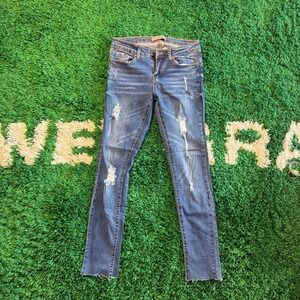 Wax Jean Butt I Love You Distressed Blue Denim Jeans Ripped Raw Hem Skinny